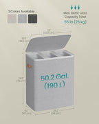 SONGMICS Laundry Basket, 50.2 Gal. Laundry Hamper, 3 Compartments, Easy Assembly, with Lid and Handles, Removable Liners, 25.2 x 15.7 x 29.5 Inches, Dove Gray ULCB814GD01 - color: Dove Gray, size: 190 L (3-Section)