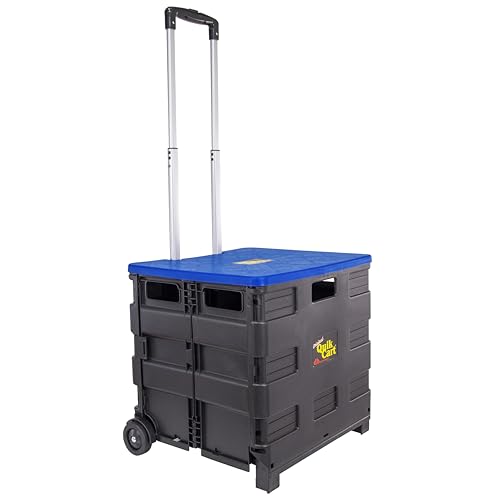 dbest products Quik Cart Collapsible Rolling Crate on Wheels for Teachers Tote Basket, 80 lbs Capacity, Blue Lid Made from Heavy Duty Plastic and used as a Seat - color: Black, Blue, style: Standard