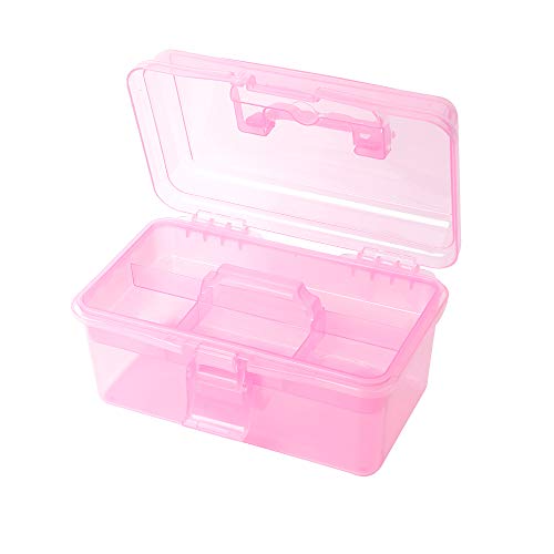 BangQiao Multipurpose Plastic Storage Container Organizer Box Case with Removable Tray and Handle for Art, Craft, Sewing Supplies, Clear&Pink - color: clear/pink