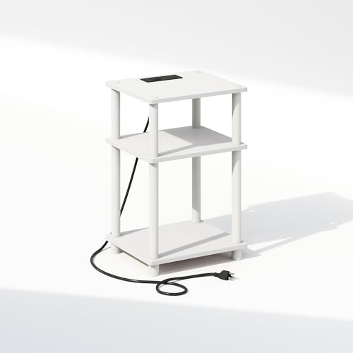 Furinno JUST Night Stand, 3-Tier Turn-N-Tube Nightstand with Charging Station, Bedside Table, End Table, Side Table with USB and Type-C Charging Port, for Bedroom, Closet, Dorm, White - color: White/White, size: 3-Tier, Charging Station, style: 1-Pack