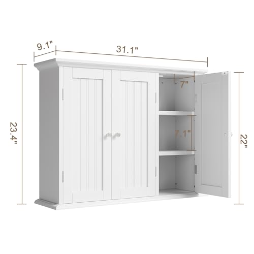 ChooChoo Bathroom Wall Cabinet with 3 Doors, Laundry Cabinet Wall Mounted, Medicine Cabinet with Adjustable Shelves, Hanging Kitchen Cupboard Organizer, White - color: White, size: 9.06"D x 31.1"W x 23.4"H