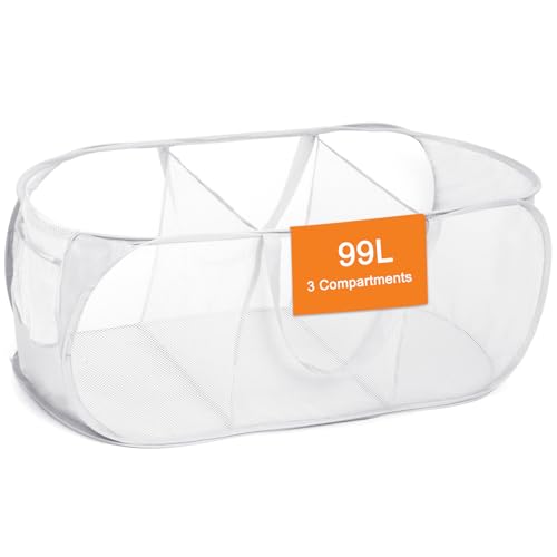 Durable Collapsible Foldable Mesh Pop Up Laundry Basket, 3 Compartments Easy to Carry & Sort Clothes Hampers for Home, Dorm, Travel White - color: White, size: 3 Compartments