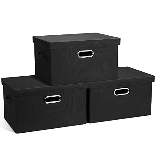 Graciadeco Medium 15" 21 Quart Collapsible Stackable Storage Bins with Lids, 3 Packs Black Foldable Fabric Closet Boxes Heavy-duty Lidded Linen Cube Basket Container Organizer and Storage for Bedroom - color: Black, size: Medium -3 Pack