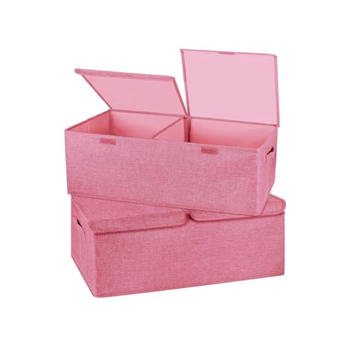 2 Pack Large Storage Boxes with Lids and Handles, Collapsible Linen Storage Bins Organizer Containers Baskets Cube with Removable Divider for Home Bedroom Closet Office (Pink, Small) - color: Pink, size: Small