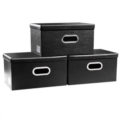 PRANDOM Collapsible Storage Box with Lid [3-Pack] Leather Fabric Foldable Storage Bin Organizer Container Basket Cube with Cover for Home Bedroom Closet Office Nursery Black(13.6x9.6x6.9) - color: Black, size: Small(3-Pack)