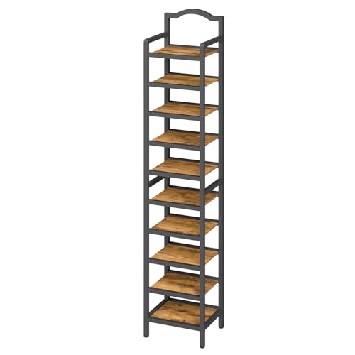 YATINEY 10-Tier Tall Shoe Rack, Vertical Shoe Organizer for Small Spaces, Wooden Shoe Shelf for Entryway, Space Saving Shoe Storage, Holds 10 Pairs of Shoes, Rustic Brown and Black SS50BR - color: Rustic Brown + Black, size: 11" x 11" x 72"
