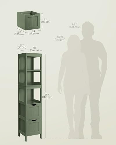 VASAGLE Storage Cabinet, Storage Organizer Rack Stand for Bathroom, Living Room, Multifunctional Corner Unit, 2 Drawers, 55.7 Inches in Height, Forest Green UBBC066C01 - color: Forest Green, size: 55.7"H