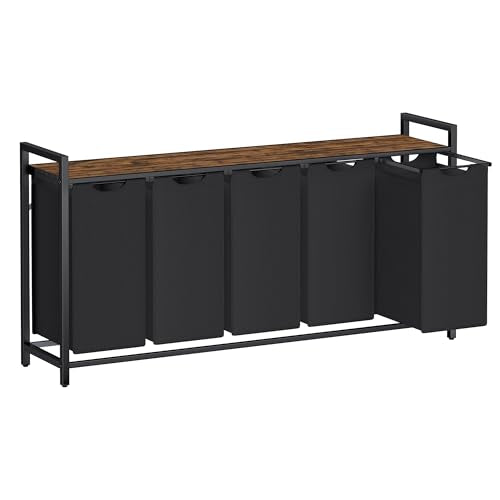 VASAGLE Laundry Hamper, Laundry Basket, Laundry Sorter with 5 Pull-Out and Removable Bags, Shelf, Metal Frame, 5 x 10.6 Gallons (40 L), 56.5 x 13 x 28.4 Inches, Ink Black and Rustic Brown UBLH501B01 - color: Black + Rustic Brown, size: 5 Bags - 200 L