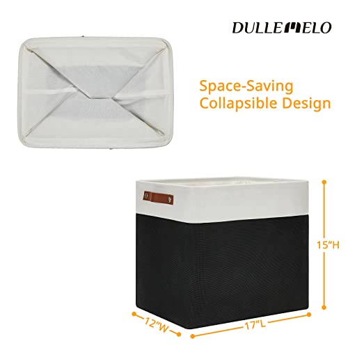 DULLEMELO Large Fabric Basket for Organizing, 17"x12"x15" Storage Basket With Leather Handles, Collapsible Storage Bin for Clothes, Toys, Books, Office, Bedroom, Closet, Nursery&Laundry (White&Black) - color: White&Black, size: Large-17"x12"x15"