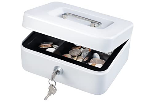 KYODOLED Medium Cash Box with Money Tray,Small Safe Lock Box with Key,Cash Drawer,7.87"x 6.30"x 3.54" White Medium - color: White, size: Medium