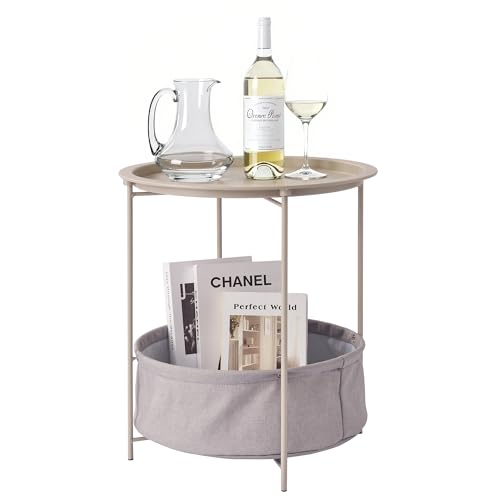 VECELO Round Side/End Table with Fabric Storage Basket，Metal Anti-Rust and Waterproof Small Bedside Nightstand with Removable Tray Top for Living Room，Balcony & Laundry，Grey /1pcs with Basket - color: Grey, size: 1 PCS