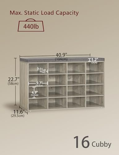 DINZI LVJ Shoe Storage Bench with Cushion, 16-Cubby Shoe Rack, Adjustable Shelves, Multifunctional Shoe Organizer Bench for Entryway, Mudroom, Hallway, Living Room, Bedroom and Garage, Gray Wash - color: Gray Wash, size: 16 Cubby