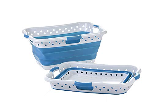 ULTRA-SLIM, COLLAPSIBLE LAUNDRY BASKET / UTILITY; Pop & Load Collapse & Store Collection in Vivid Blue ; Large Hipholder Basket Has 3 Handles: 25" Tall When Fully Opened / 3" Tall Folded - color: Vivid Blue, size: Large HipHolder - 3 Handles