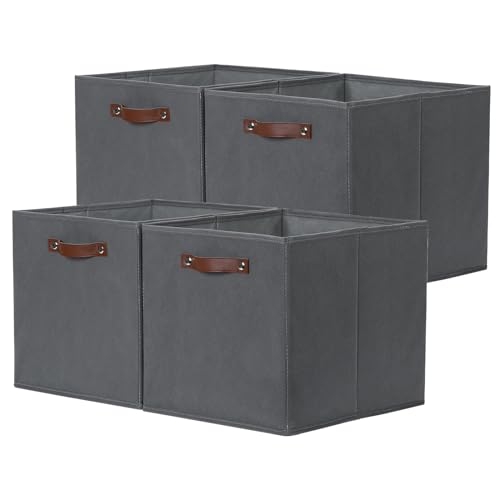 Temary Foldable Cube Baskets 4Pack - Grey, 13x15x13 Inch Fabric Storage Organizer Bins with Handles - color: Grey, size: 13x15x13