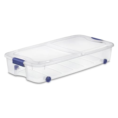 Latching Wheeled Storage Bin, 66 Quart Clear Underbed Storage Container with Latch Lid, Blue