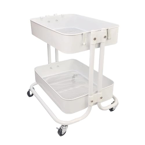 2 Tier Under Desk Storage Cart with Wheels Heavy Duty Metal Short Rolling Pantry Storage Cart for Small Space, Utility Trolley for Kitchen Bathroom Laundry Cute Snack Craft Organizer, White - color: White-1