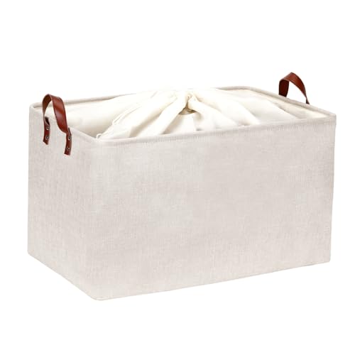 DULLEMELO Large Beige Storage Basket 70L Oversized Canvas Fabric Storage Bin, Collapsible Rectangular Toys Basket Organizer with Handles, 22X15 Storage Container for Clothes, Blankets, Pillows - color: Beige, size: Extra Large-22" x 15" x 13"