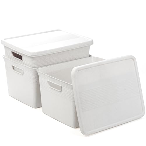 BINO | Plastic Storage Bins with Lids, 22 Liter - 3 Pack, White | THE BRAIDED COLLECTION | Plastic Bins for Organization Woven Storage Baskets for Organizing Pantry Shelf Organizer Basket Bin - color: White, size: 22L | 3-Pack