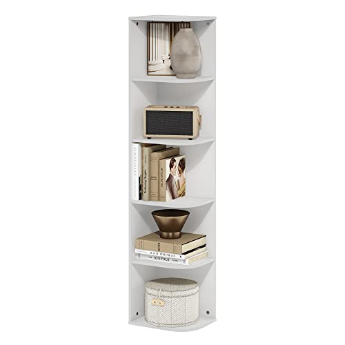 Furinno PASIR Book Shelf, 5-Tier Corner Bookshelf with Open Shelf, Standing Bookcase, 9.3 x 12 x 51.7, for Organization and Storage, for Living Room, Bedroom, Home Office, White - color: White, size: 5-Tier Corner