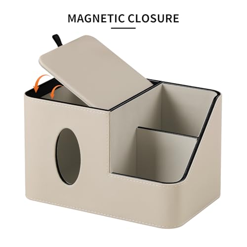 PU Leather Square Tissue Box Cover with Magnetic Closure, Tissue Holder with Storage Tray & Remote Control Organizer, for Nightstand, Living Room, Bathroom, Office Desk (Beige) - color: Beige