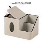 PU Leather Square Tissue Box Cover with Magnetic Closure, Tissue Holder with Storage Tray & Remote Control Organizer, for Nightstand, Living Room, Bathroom, Office Desk (Beige) - color: Beige