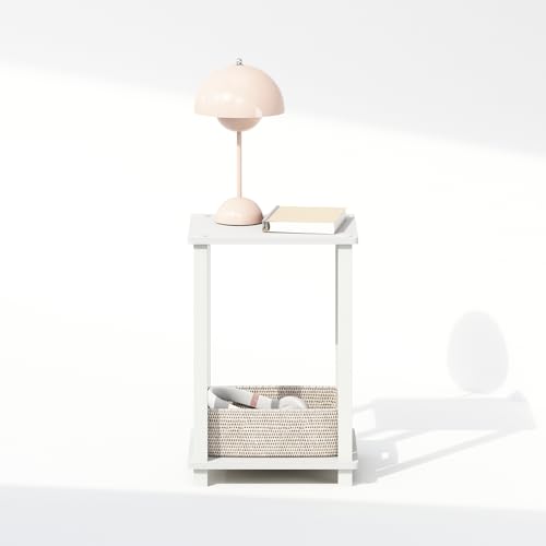 Furinno Simplistic Night Stand, 2-Tier Small Nightstand with Open Shelf, Toolless Assembly Bedside Table, End Table, Side Table, for Bedroom, Closet, Dorm, White - color: White/White, size: 2-Tier, Square Tubes, style: 1-Pack
