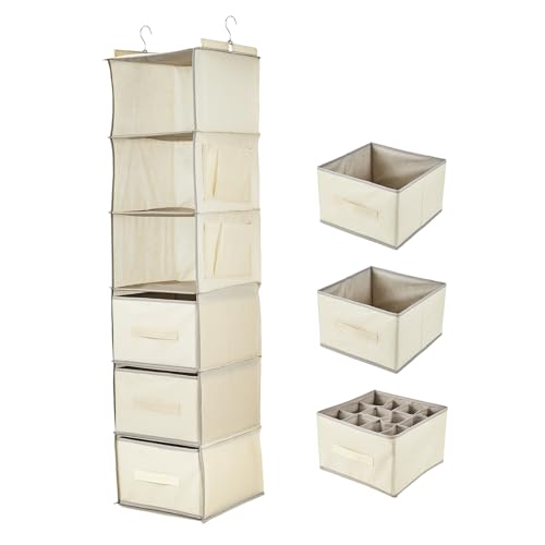 Garvee Hanging Closet Organizer with Drawers, 3-Tier Non-Woven Fabric Storage Shelves, Foldable Closet Organizer for Bedroom, 11.8x11.8x47.2 Inches, Beige - color: Grey