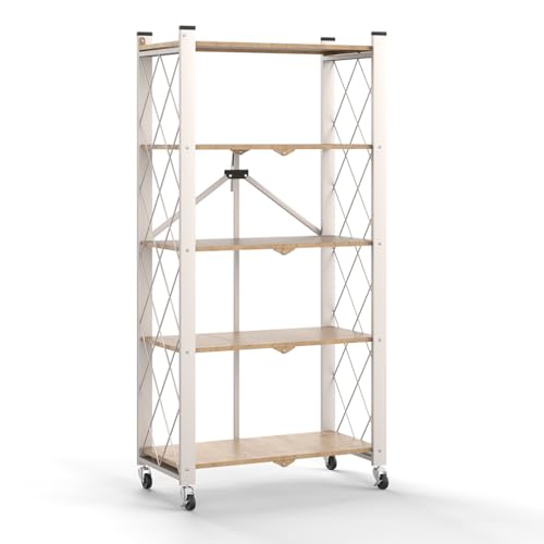 Hershii 5 Tier Foldable Storage Shelves with Wheels - Metal Collapsible Shelving Unit Display, Heavy Duty No Assembly Organizer Shelf for Garage, Kitchen, Basement, Pantry - color: Light Brown, size: 5-Tier (59.8 X 26.7 X 13.38 IN)
