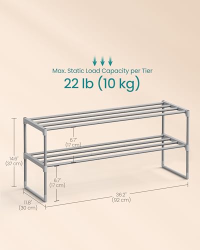 SONGMICS Shoe Rack, 2-Tier Shoe Organizer, Metal Storage Shelf, Upright or Upside Down, for 12-15 Pairs, Stackable, for Entryway, 11.8 x 36.2 x 14.6 Inches, Gray ULSA012G01 - color: Grey, size: 2 Tiers (36.2"w)