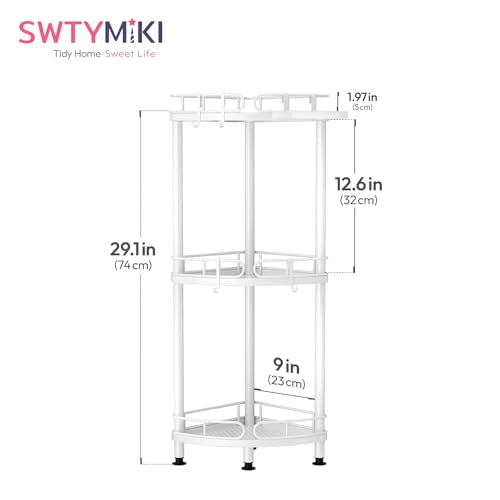 SWTYMIKI Corner Shower Caddy Standing - 3 Tier Stainless Steel Shower Organizer Stand with 4 Hooks & Soap Holder, Rustproof Metal Standing Tall Floor Shower Shelf and Bathroom Organizer, White - color: White-3 tier
