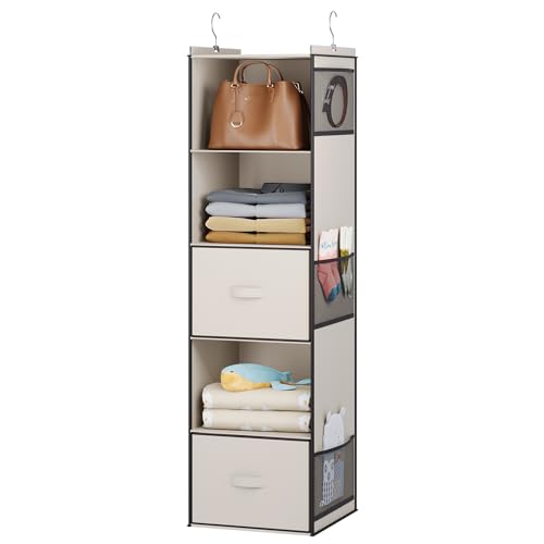 YOUDENOVA Hanging Closet Organizer, 5 Tier Hanging Closet Shelves with 6 Side Pockets and 2 Drawers, Beige - color: Beige