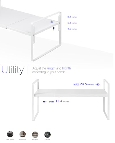 Nxconsu Cabinet Shelf Expandable Height Adjustable Shelf Organizer Riser for Kitchen Cabinet Pantry Cupboard Under Sink Countertop Organization Storage Space Saver Stackable Heavy Duty Metal White XXL - color: White, size: 12’’D * 13.8-24.8’’W * 9.7’’H