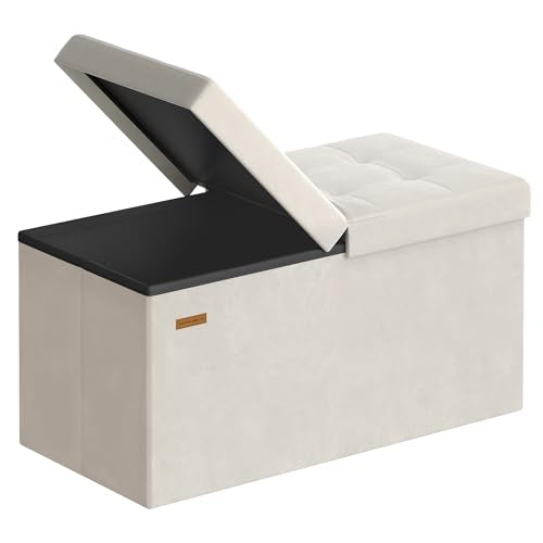 SONGMICS Mazie Collection - 30 Inches Storage Ottoman, Foldable Storage Bench with Flipping Lid, 660 lb Load Capacity, for Entryway, Living Room, Bedroom, Velvet Fabric, Cream White ULSF048LH01 - color: Cream White, size: 15"D x 30"W x 15"H