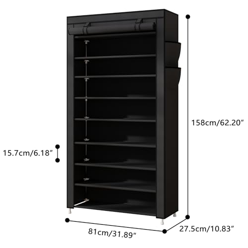 Laiensia 9-Tier Vertical Shoe Rack Organizer, Space Saving Shoe Storage Organizer, Non-Woven Cover Shoe Shelf Holds 36-45 Pairs for Bedroom, Hallway, Closet Entryway, Black - color: Black, size: 9-tier
