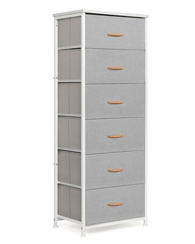 Mifuro Tall Dresser for Bedroom with 6 Drawers, Vertical Storage Organizer Tower, Chest of Drawers with Fabric Bins, Steel Frame, Wood Top for Bedroom, Closet, Entryway- Light Grey - color: Light Grey, size: 6 Medium Drawers