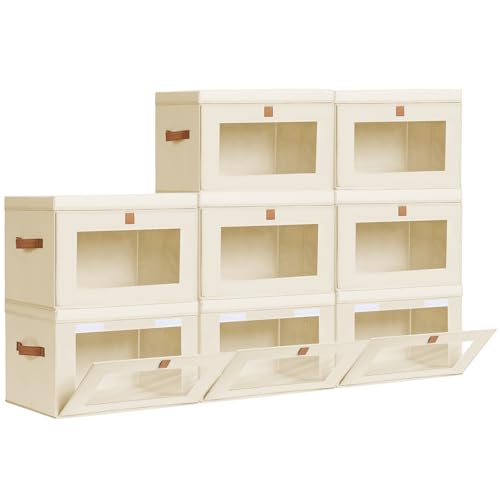 Homsorout Large Closet Storage Bins - Collapsible Clothing Organizer with Handles & Window, Decorative Bin with Lids, Linen Closet Organizers for Living Room, Dorm, 8 Pack, Beige - color: Beige, size: Large - 8 Pack