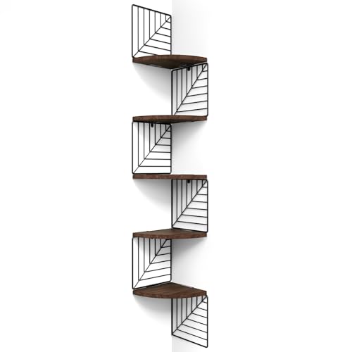 Love-KANKEI Corner Shelf Wall Mount of 5 Tier, Rustic Wood Floating Shelves Wall Shelves for Bedroom Living Room Bathroom Kitchen Office and More Dark Walnut - color: Dark Walnut