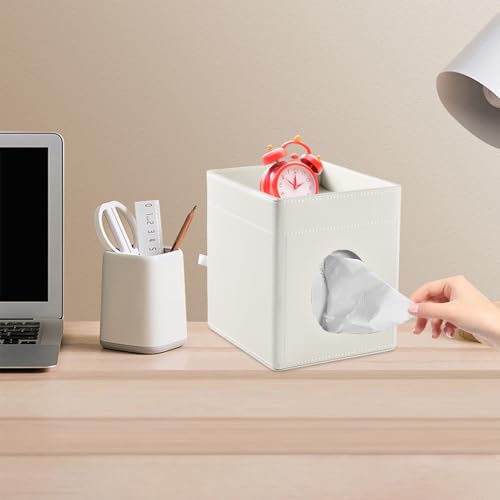 Tissue Box Cover with Storage Tray Square Tissue Box Holder PU Leather Facial Tissues Organizer Tray for Bathroom Vanity Bedroom Office Car,Stylish Napkin Caddy Decorative Organizer,Cream White - color: Cream White