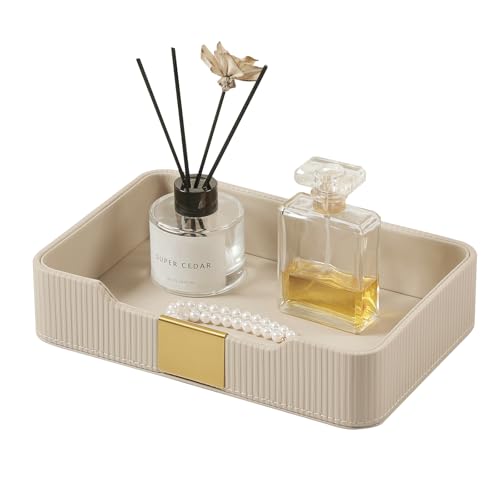 Valet Tray Desktop Storage Organizer, PU Leather Catchall Bedside Vanity Tray with Brass Accents Block Nightstand Organizer for Keys Watch Wallet Phone, Decorative Nightstand Storage (Beige) - color: Beige