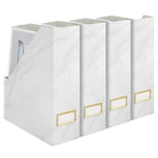 BLU MONACO Set of 4 Magazine Holders | White Marble Design with Gold Label Holders | Foldable File Organizer Boxes for Desk, Office & Classroom | Stylish Paper & Magazine Storage - color: White Gold Marble