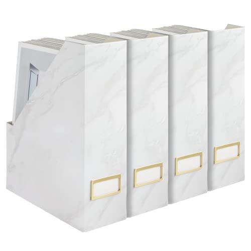 BLU MONACO Set of 4 Magazine Holders | White Marble Design with Gold Label Holders | Foldable File Organizer Boxes for Desk, Office & Classroom | Stylish Paper & Magazine Storage - color: White Gold Marble