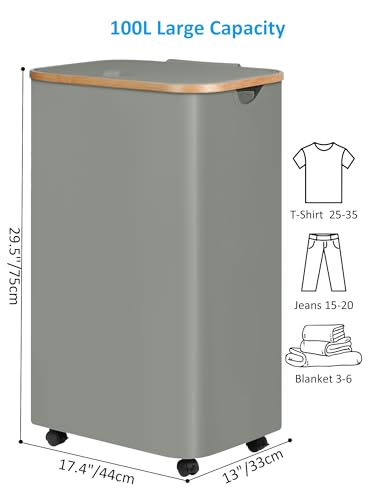 efluky Laundry Basket with Wheels, Tall Rolling Laundry Hamper with Lid and Removable Bag, Aesthetic Dirty Clothes Hamper on Wheels for Laundry Room, Bedroom, Dorm and Bathroom, 100L Grey - color: Grey, size: 100L