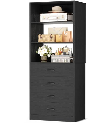 Aheaplus Closet Drawers Organizer System, 21.3" Wood Closet System with 4 Drawers, Modular Walk-in Closets Storage Unit, Tall Bookshelf Storage Cabinet, Black - color: Black