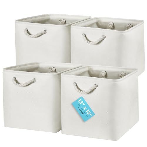 OrganiHaus 13x13 Cube Storage Bins 4 Pack, Foldable Cube Storage Organizer w/ Rope Handles, Collapsible Fabric Bins for Toys, Clothes & Closet Organization, Fabric Square Baskets - Off-White - color: Off-White, size: 4 pcs (13x13)