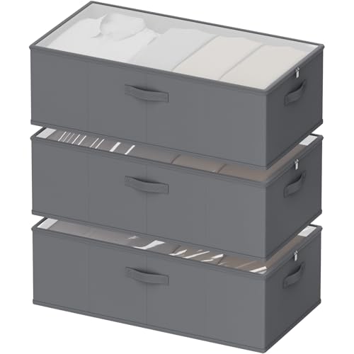 10inch 3 Pack Under Bed Storage Containers, 10 Inch Tall Underbed Clothes Storage Organizer Bin with Clear Window，Foldable Box Basket for Clothes, Closet, Bed Sheets and Blankets Gray - color: Gray