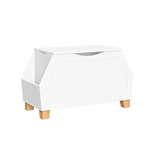 RiverRidge Kids Catch-All Collection Toy Box with Side Book Shelves Child-Safe Toy Storage Organizer With Childrens Bookshelf Side Slots For Kids Game And Book Storage - White - color: White