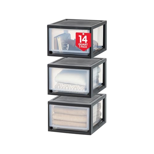 IRIS USA 14.5 Qt. Plastic Drawer Storage Organizer Stacking Drawers, 3-Pack, Stackable Unit with Sliding Drawer for Clothes Bedroom Kitchen Under Sink Pantry Craft Room Bathroom Dorm Office, Black - size: 14 Qt - 3 Pack