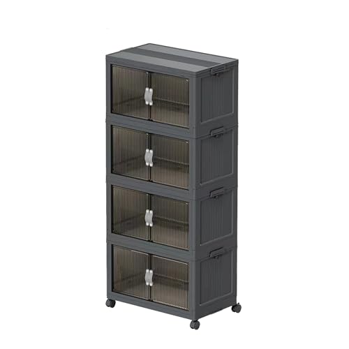 131QT 4 Tier Stackable Storage Bins with Lid & Door, 32 Gal Collapsible Plastic Storage Containers with Locking Wheel, Space Saving Foldable Organizer for Home Bedroom Office Gray 4T - size: 131Qt/32Gal-4Packs/1Top Lid