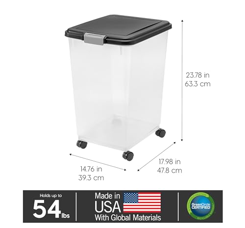 IRIS USA Airtight Dog Food Storage Container, Up to 54 lbs, Attachable Wheels, For Dog Cat Bird and Other Pet Food Storage Bin, Keep Fresh, Translucent Body, Easy Mobility, Black - color: Black, size: 54 lbs