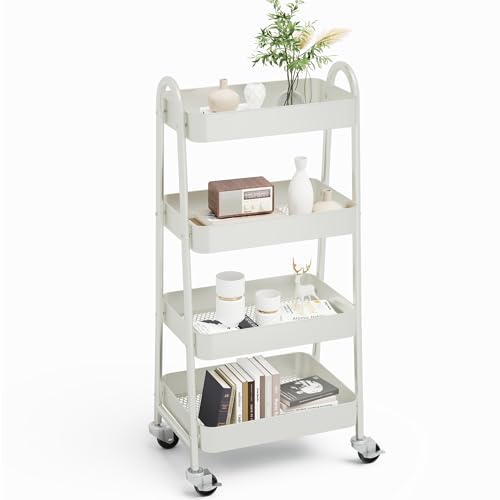 NEWBULIG 4-Shelf Rolling Utility Cart with Locking Wheels, Slim Metal Mobile Storage Organizer Shelf for Small Spaces, Bathroom, Living Room, White - color: White, size: 4-Tiers